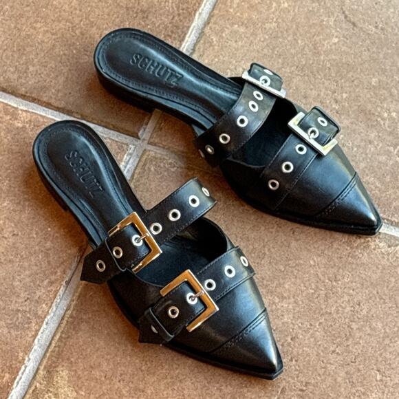 Schutz "Penny Flats" Black Buckle Mules with Silver Hardware, Pointy Toes size 6 - Picture 9 of 15